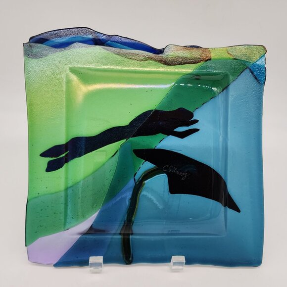 Handmade Fused Glass Plate Iridescent Colorful Frog Leaf Design Christine Moody - Picture 8 of 12
